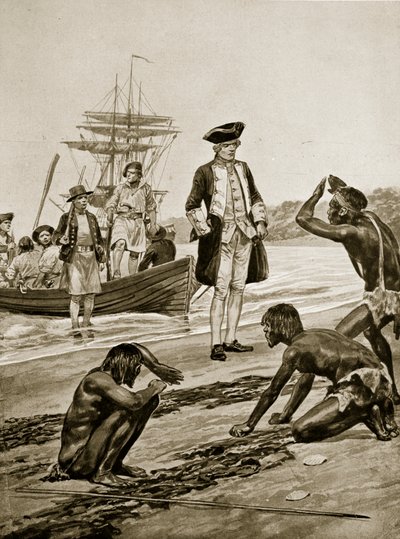 库克船长于1777年登陆塔斯马尼亚，插图来自&39;哈钦森的英国民族故事&39;，c.1923 作者 理查德·卡顿·伍德维尔初级