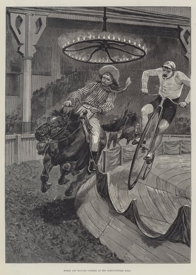 在农业大厅的马和自行车比赛 作者 Richard Caton Woodville junior