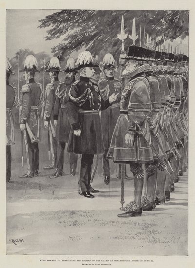爱德华七世国王于六月二十五日在马尔堡大厦视察卫兵的女士 作者 Richard Caton Woodville junior