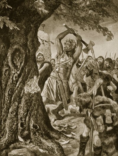 马拉奇在982年砍伐了明斯特加冕树，插图来自“哈钦森的英国民族故事”，c.1923 作者 理查德·卡顿·伍德维尔初级