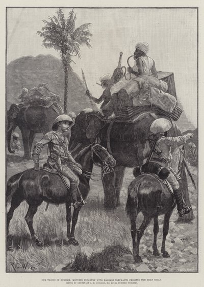 我们在缅甸的部队，步行大象的步兵穿越山丘 作者 Richard Caton Woodville junior
