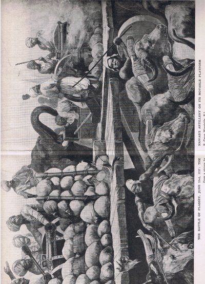 Plessey战役1757年6月23日：Nawabs炮兵在其可移动的平台上，1915年英国陆地和海上战役的插图 作者 理查德·卡顿·伍德维尔初级