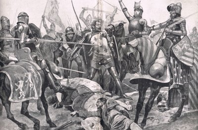 约翰二世法国在普瓦捷战役中的最后立场，插图形式为“英国陆地和海上战役”，由卡塞尔出版，伦敦，2010年 作者 Richard Caton Woodville junior