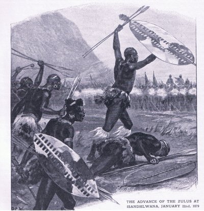 1879年1月22日在Isandhlwana的Zulus的前进，从陆地和海的英国战斗的例证，1915年 作者 Richard Caton Woodville junior