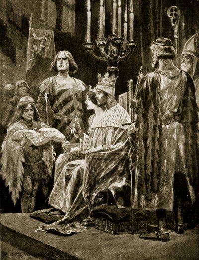 爱德华二世的加冕仪式，1308，“哈钦森的英国民族故事”中的插图，c.1920 作者 理查德·卡顿·伍德维尔初级