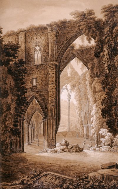 廷特恩修道院，由威廉·考克斯的“历史之旅通过Monmouthshire”，由T.Cadell，1801年印刷（纸上有墨水和石墨） 作者 理查德·柯尔特·霍尔