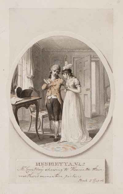 Courtney先生向Henrietta展示了他们母亲的微缩画面，第5章，夏洛特伦诺克斯的1798年版“Henrietta”插图，c.1798（铅笔和纸上写的） 作者 Richard Corbould