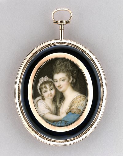 母女肖像，约 1765-70 年（象牙水彩、9k 玫瑰金、头发和玻璃） 作者 理查德·科斯威