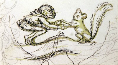 妖精和松鼠（纸上钢笔、铅笔、水墨）。 作者 理查德·道尔