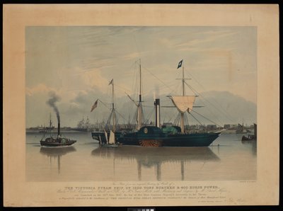 这幅版画取材于沃德的一幅原画，画的是 1837 年 6 月 20 日下水的维多利亚号蒸汽船，载重 1200 吨，动力 400 马力......（凹版，彩色，木板） 作者 理查德·里夫（Richard G. Reeve）