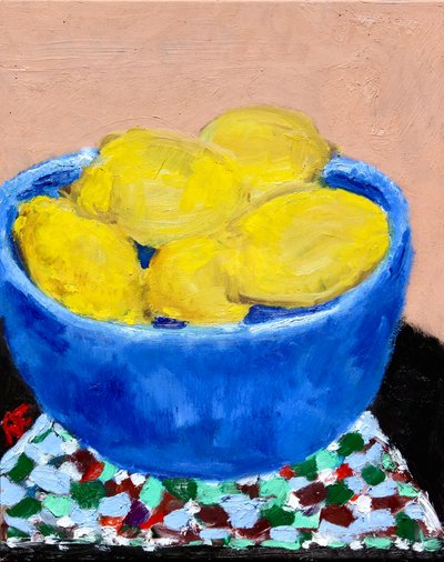 蓝色碗中的柠檬静物，2021 年（布面油画） 作者 理查德·H·福克斯