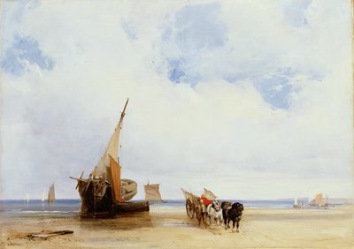 特鲁维尔附近的沙滩船和马车，摄于1825年（布面油画） 作者 理查德·帕克斯·博宁顿