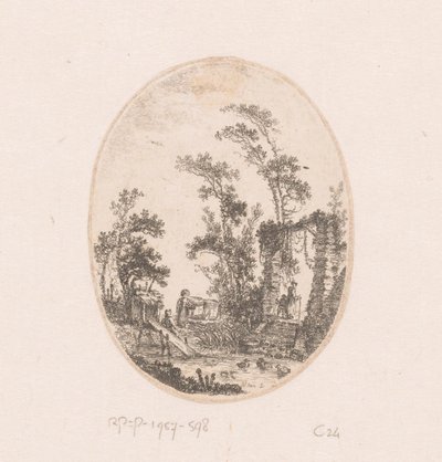 鸭子池塘和周围的一些树木
景观、风景、古董碎片和历史题材作品集（系列名称）
Recueil de griffonis, de vues, paysages, fragments antiques et sujets historiques（系列名称） 作者 让-巴蒂斯特·勒普林斯
