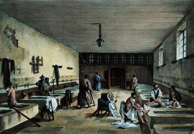 Bourbonne les Bains军事医院的军官浴室，19世纪中期（彩色雕刻）。 作者 Richoux（后）