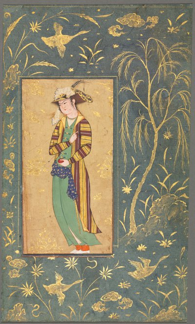 抱着石榴的青年，单页插图，约1600-1650年。 作者 里扎·伊·阿巴斯（Riza yi Abbasi）