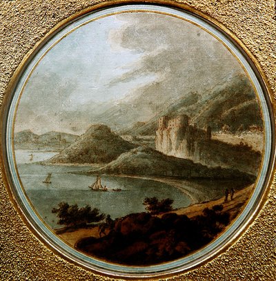 海湾上的城堡和船只，约1775年（纸上水彩笔墨）。 作者 罗伯特（收件人）亚当