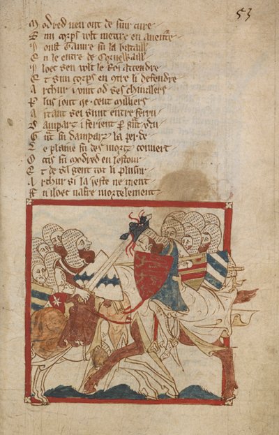 亚瑟受重伤，插图来自《法国诗歌中的浪漫史》，作者：Canon of Wace (Wace of Bayeux) 作者 罗伯特（c.1110 74）韦斯