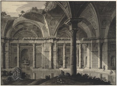 仿古浴池的建筑幻想，带破损屋顶和人物造型 作者 Robert Adam