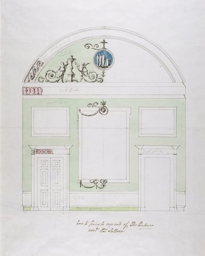 餐厅的端墙设计，Headfort House（笔和黑色墨水在石墨上与wc在纸上） 作者 罗伯特·亚当