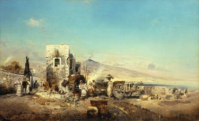 远处维苏威火山的新城村庄，1889年 作者 罗伯特·阿洛特