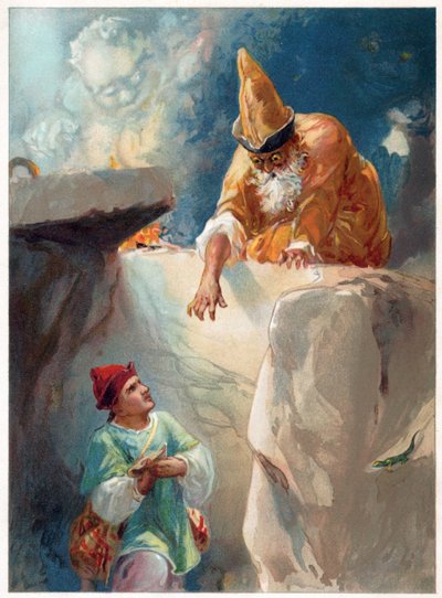 阿拉丁和魔术师，欧内斯特先生出版的《童话镇》插图，c.1900（彩色平版印刷） 作者 罗伯特·安布罗斯·杜德利