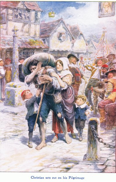 克里斯蒂安开始他的朝圣之旅，摘自 John F Shaw & Co 出版的《朝圣者的进步》，约 1900 年（彩色平版印刷） 作者 罗伯特·安布罗斯·杜德利