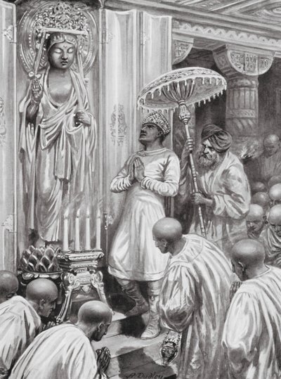 色迦王开创大乘（北方）佛教，公元 100 年（石版画） 作者 罗伯特·安布罗斯·杜德利