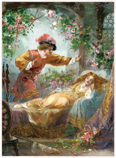 王子找到了睡美人》，插图选自欧内斯特-米斯特出版的《Once Upon a Time》，约 1900 年（彩色石版印刷）。 作者 罗伯特·安布罗斯·杜德利