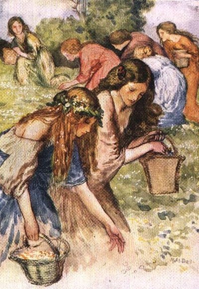 河边有一片草地，我偶然看到一群仙女，来自帕尔格雷夫的《金库》，1907年出版（彩色平印）。 作者 罗伯特·安宁·贝尔