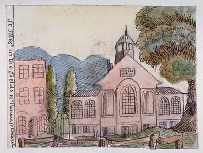 伦敦圣潘克拉斯的田野里的圣吉尔斯教堂，1814年。            作者 罗伯特班克斯