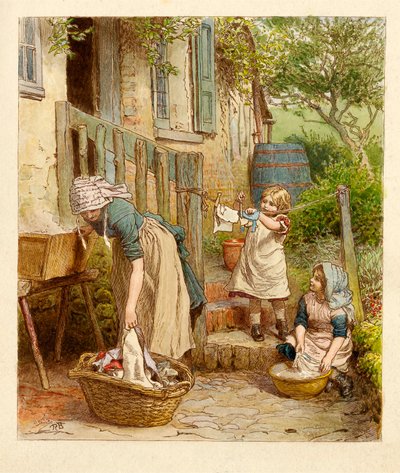 母亲和孩子们在晾晒衣物，酒吧。1854. 作者 罗伯特·巴恩斯