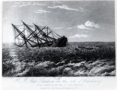 来自约翰·默里于1835年出版的John Barrow撰写的“关于HMS Bounty的城市和海盗掠夺事件的最终历史：其原因和后果”的HM Pandora 作者 罗伯特·巴蒂