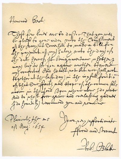 罗伯特·布莱克海军上将给金钟专员的信，1654年8月25日。 作者 罗伯特·布雷克