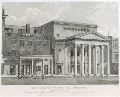 1821年7月4日开放的新剧院皇家剧院，1821年开放，展示了拆除之前的旧剧院的相对情况，由戴尔雕刻，1822年 作者 罗伯特·布莱默尔·施内伯贝利
