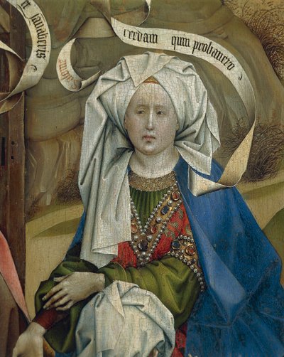 代表耶稣诞生的女性的细节，由 Flemalle 大师 Robert Campin (1375/1379-1444) 绘制，面板油画，约 1420 年 作者 罗伯特·坎平