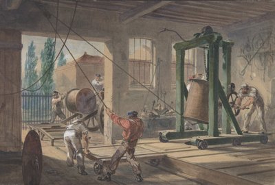 1865-66年，在工厂里，一卷卷覆盖着古塔胶的导电线被输送到罐子里...。 作者 罗伯特·查尔斯·达德利