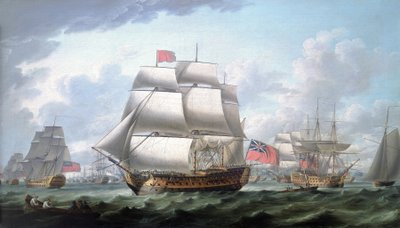 胜利号 "驶离斯皮特黑德（英格兰），身披红旗和胭脂鱼海军中将旗，右侧是一艘三桅船，被确认为 "夏洛特女王号"。 作者 罗伯特·多德