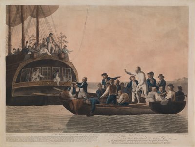1789 年 4 月 29 日，哗变者将布莱和他的船员赶出 "邦蒂号"。 作者 罗伯特·多德