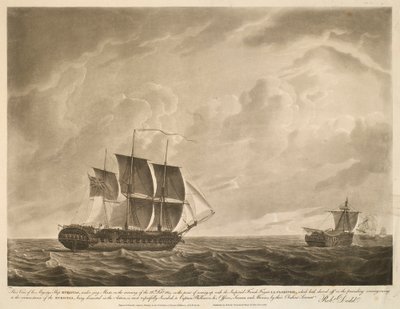 1814 年 2 月 26 日上午，国王陛下的 "EUROTAS "号军舰在桅杆的掩护下，即将与前一天傍晚偏离航道的法国护卫舰 "LA CLORINDE "号会合。 作者 罗伯特·多德