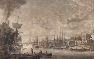 从一艘船停泊在伦敦塔附近的伦敦桥，1793年（aquatint） 作者 罗伯特·多德