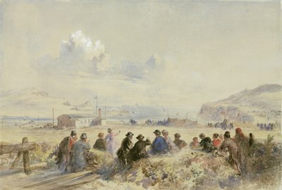 从沙丘上观看演习，瓦伦西亚，福尔哈默姆湾，约 1865 年（纸面水彩画） 作者 罗伯特·杜德利