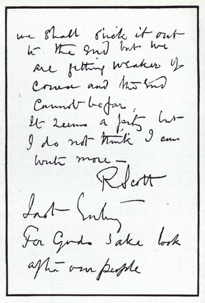 极地探险家罗伯特·法尔肯·斯科特（Robert Falcon Scott）日记的最后一页，他是命运多舛的英国南极探险队的领队，1912 年 3 月 29 日（石版画） 作者 罗伯特·猎鹰·斯科特