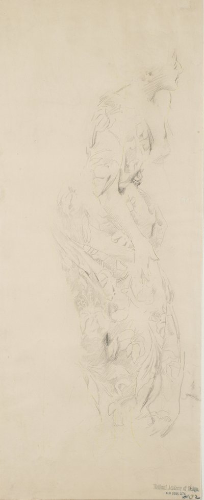 花卉印花连衣裙的女人的素描，可能是心情到音乐壁画，1893-98（浅黄色纸上的石墨和黄色铅笔） 作者 罗伯特·弗雷德里克·布鲁姆