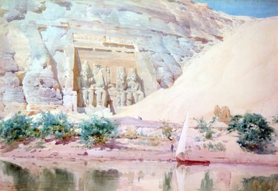 阿布辛贝"，水彩画。罗伯特-塔尔博特-凯利（1861-1934 年），英国东方风景画家。从尼罗河上看入口处拉美西斯二世的巨大石灰石雕像。埃及 景观 水迹 作者 罗伯特·乔治·塔尔伯特·凯利