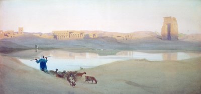 卡纳克圣湖》，约 1900 年。水彩画。罗伯特-塔尔博特-凯利（1861-1934 年），英国东方风景画家。埃及 景观 水遗迹 牧羊人 作者 罗伯特·乔治·塔尔伯特·凯利