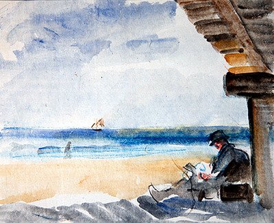 海滩上的阅读（纸上水彩和木炭画 作者 罗伯特·格雷厄姆·德莱顿·亚历山大