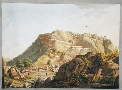Ootra-Durgum的西南景象，出自J.W. Edy雕刻和着色的 "Twelve Views of Mysore, the Country of Tippoo Sultan "的插图，1804年出版（彩色水印）。 作者 罗伯特 H.（后）科尔布鲁克