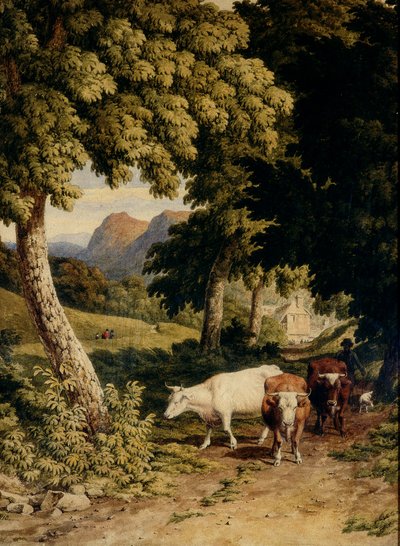 牛与牧民的风景，1810年（wc在编织纸上） 作者 Robert Hills