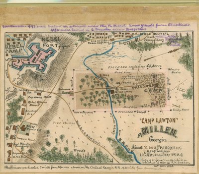 佐治亚州米伦的 "劳顿营"--1864 年 11 月 14 日，约 8,600 名囚犯被关押在此。LOC gvhs01.vhs00054 作者 罗伯特·诺克斯·斯登