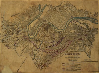 查塔努加 格兰特将军和布拉克顿-布拉格将军的部队在 1863 年 11 月 24 日至 5 日进行的战斗的示意图。格兰特将军和布拉克斯顿-布拉格将军的战役图，1863 年 11 月 24 日至 5 日。LOC gvhs01.vhs00275 作者 罗伯特·诺克斯·斯登